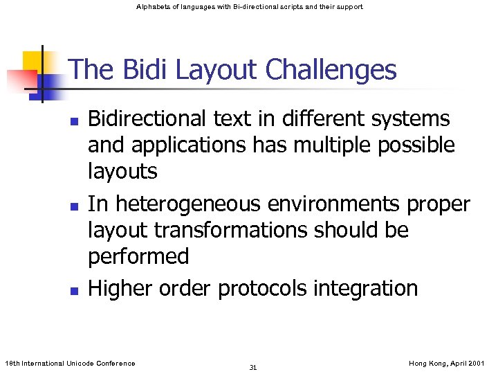 Alphabets of languages with Bi-directional scripts and their support The Bidi Layout Challenges n