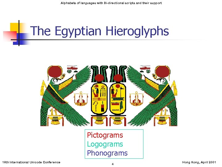 Alphabets of languages with Bi-directional scripts and their support The Egyptian Hieroglyphs Pictograms Logograms