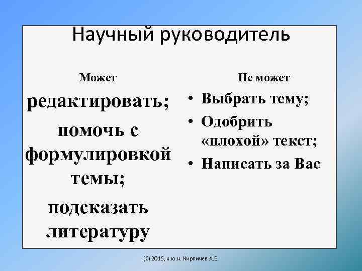 Научный руководитель Может Не может редактировать; • • помочь с формулировкой • темы; подсказать