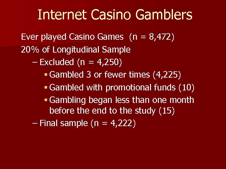 Internet Casino Gamblers Ever played Casino Games (n = 8, 472) 20% of Longitudinal