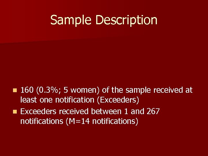 Sample Description 160 (0. 3%; 5 women) of the sample received at least one