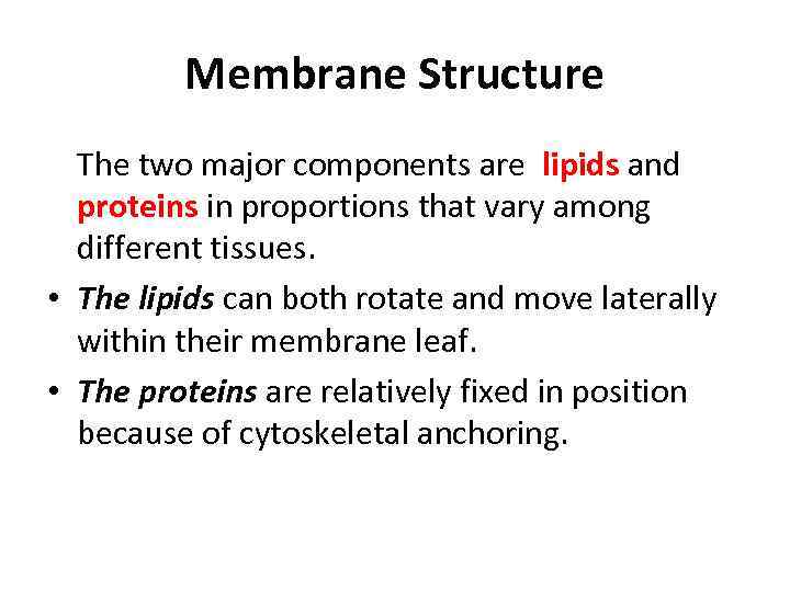 Membrane Structure The two major components are lipids and proteins in proportions that vary