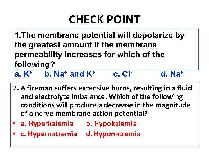 CHECK POINT 1. The membrane potential will depolarize by the greatest amount if the
