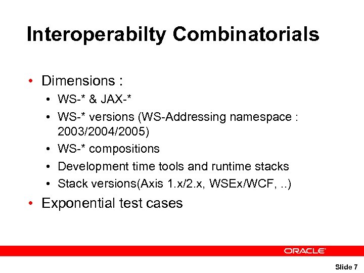 Interoperabilty Combinatorials • Dimensions : • WS-* & JAX-* • WS-* versions (WS-Addressing namespace