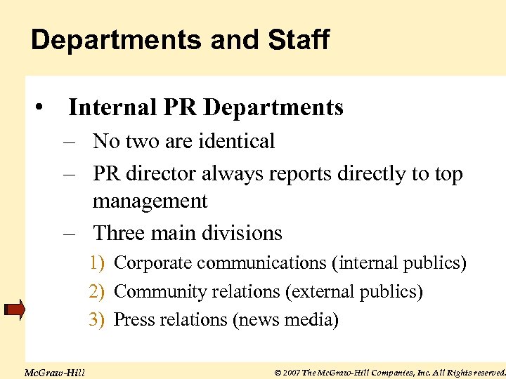 Departments and Staff • Internal PR Departments – No two are identical – PR