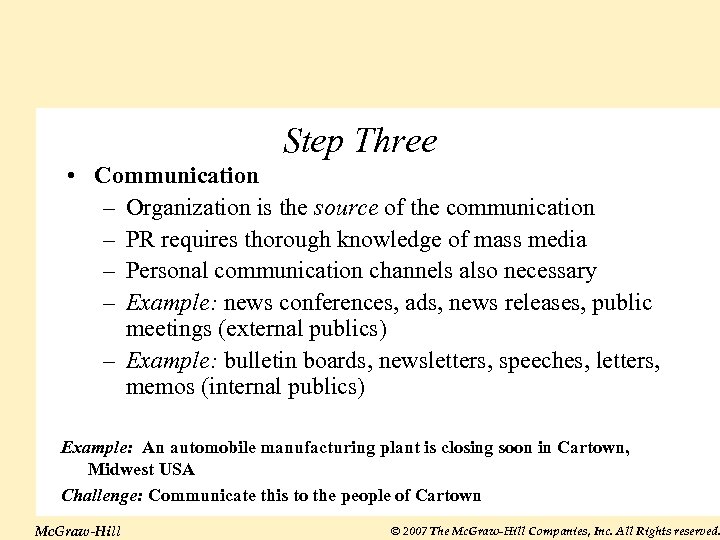 Step Three • Communication – Organization is the source of the communication – PR