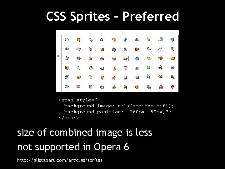 CSS Sprites – Preferred <span style=" background-image: url('sprites. gif'); background-position: -260 px -90 px;