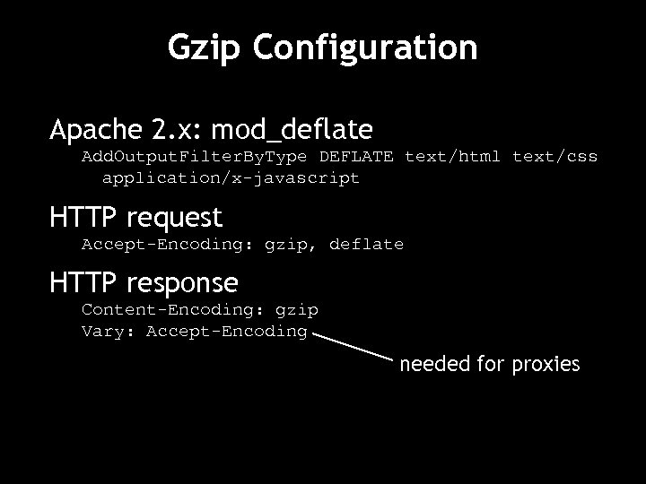 Gzip Configuration Apache 2. x: mod_deflate Add. Output. Filter. By. Type DEFLATE text/html text/css