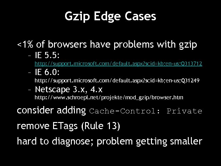 Gzip Edge Cases <1% of browsers have problems with gzip – IE 5. 5: