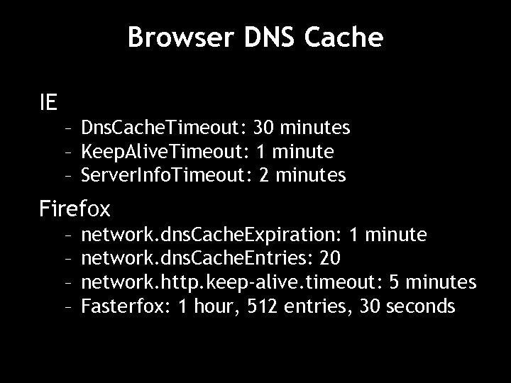 Browser DNS Cache IE – Dns. Cache. Timeout: 30 minutes – Keep. Alive. Timeout: