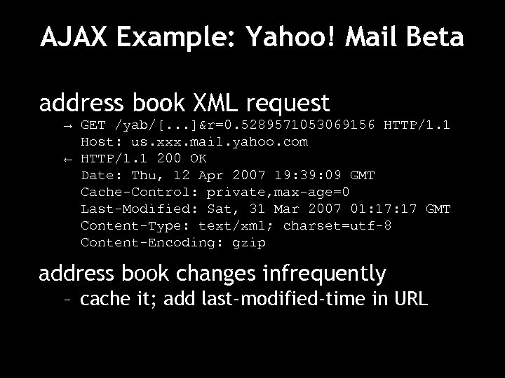AJAX Example: Yahoo! Mail Beta address book XML request → GET /yab/[. . .