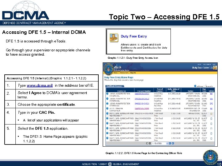 Topic Two – Accessing DFE 1. 5 – Internal DCMA DFE 1. 5 is