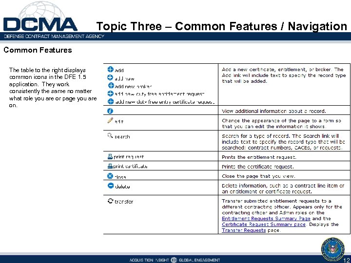 Topic Three – Common Features / Navigation Common Features The table to the right