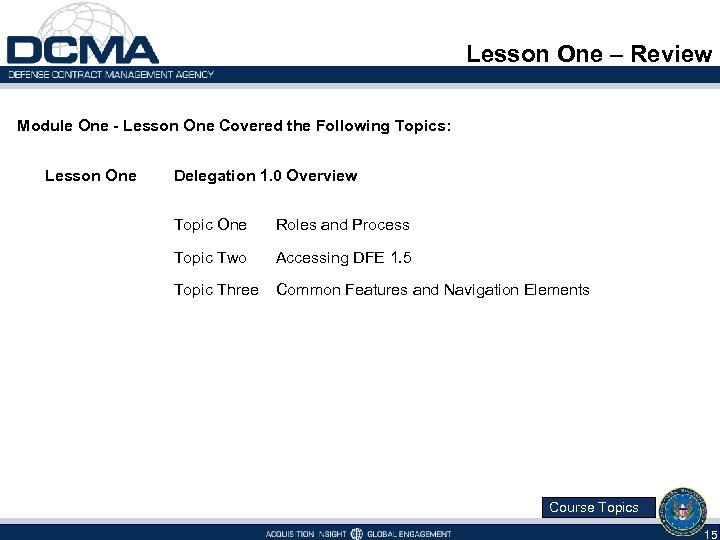 Lesson One – Review Module One - Lesson One Covered the Following Topics: Lesson