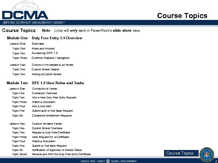 Course Topics Module One Lesson One Note: Links will only work in Power. Point's