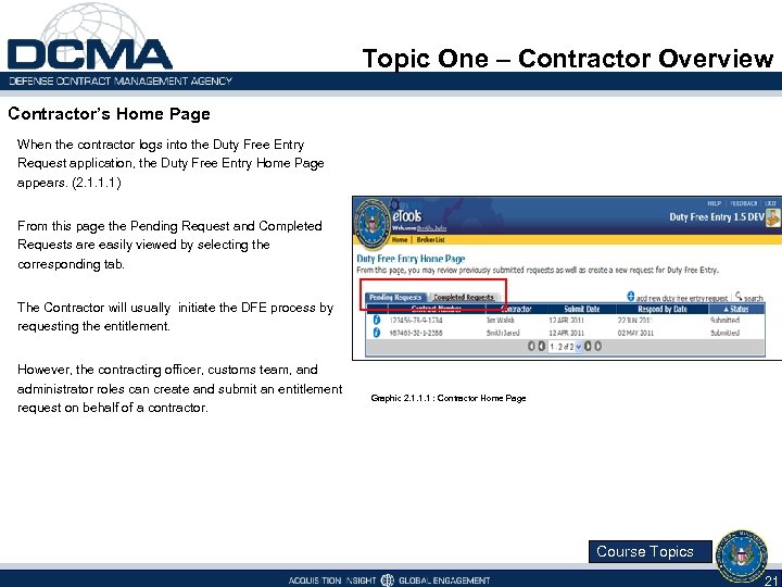 Topic One – Contractor Overview Contractor’s Home Page When the contractor logs into the