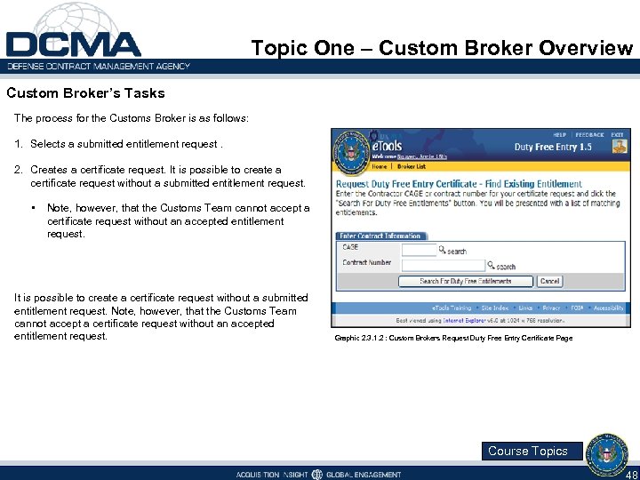 Topic One – Custom Broker Overview Custom Broker’s Tasks The process for the Customs