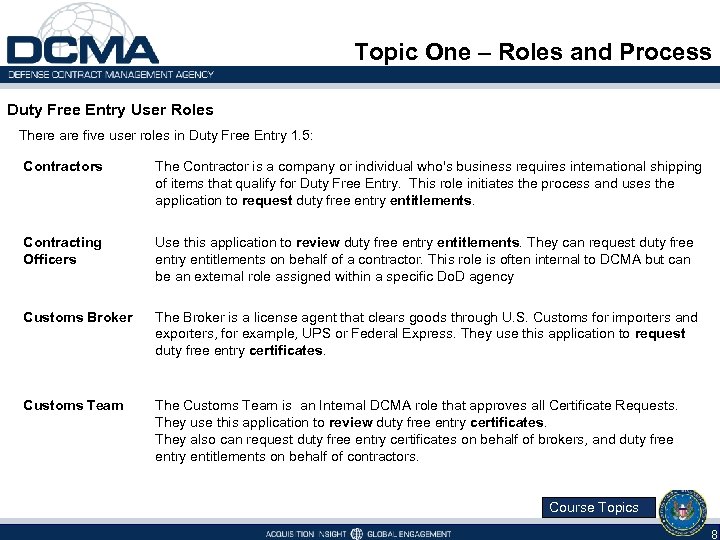 Topic One – Roles and Process Duty Free Entry User Roles There are five