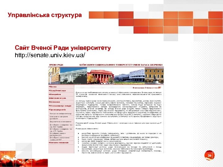 Управлінська структура Сайт Вченої Ради університету http: //senate. univ. kiev. ua/ 