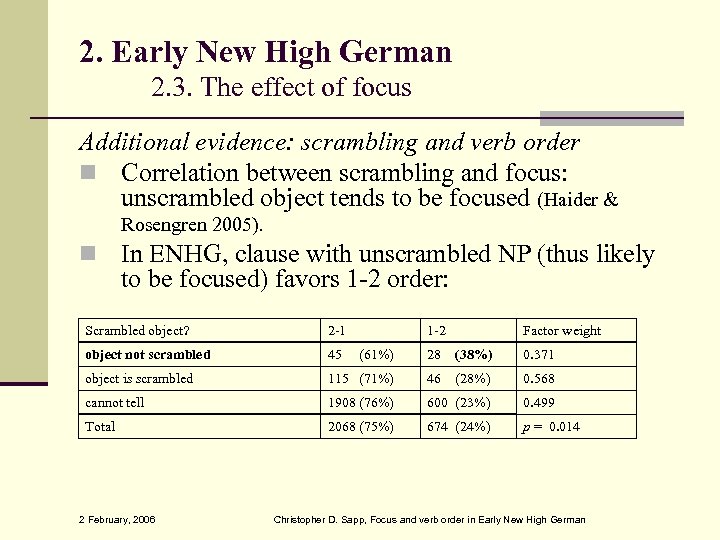 2. Early New High German 2. 3. The effect of focus Additional evidence: scrambling