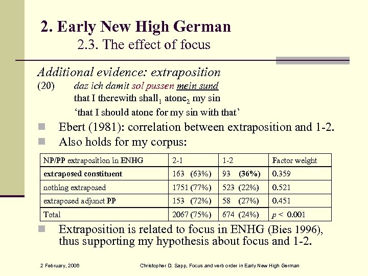 2. Early New High German 2. 3. The effect of focus Additional evidence: extraposition