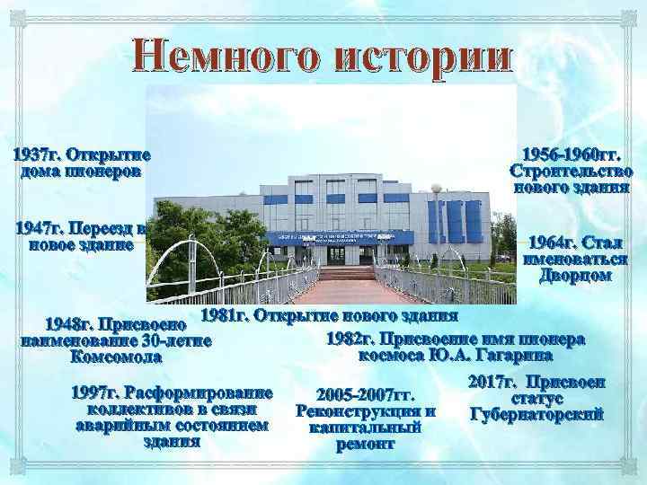Немного истории 1937 г. Открытие дома пионеров 1947 г. Переезд в новое здание 1956
