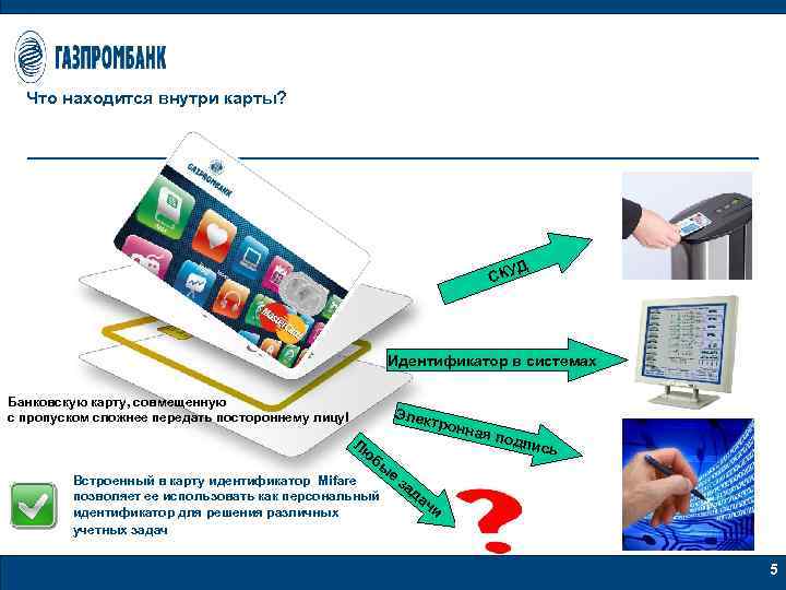 Что находится внутри карты? Д СКУ Идентификатор в системах Банковскую карту, совмещенную с пропуском