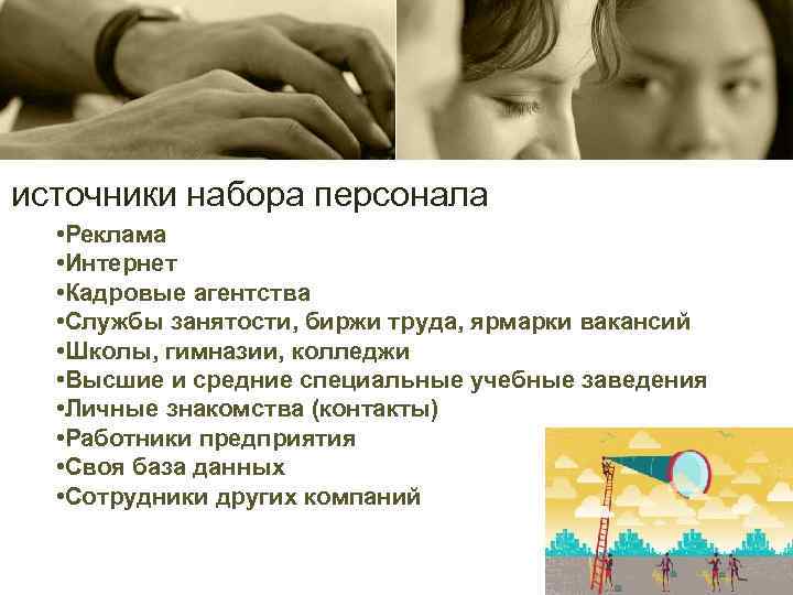 источники набора персонала • Реклама • Интернет • Кадровые агентства • Службы занятости, биржи
