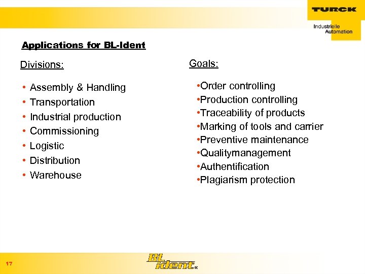 Applications for BL-Ident Divisions: • • 17 Assembly & Handling Transportation Industrial production Commissioning