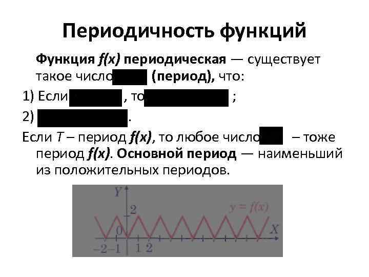 Периодичность функций Функция f(х) периодическая — существует такое число (период), что: 1) Если ,