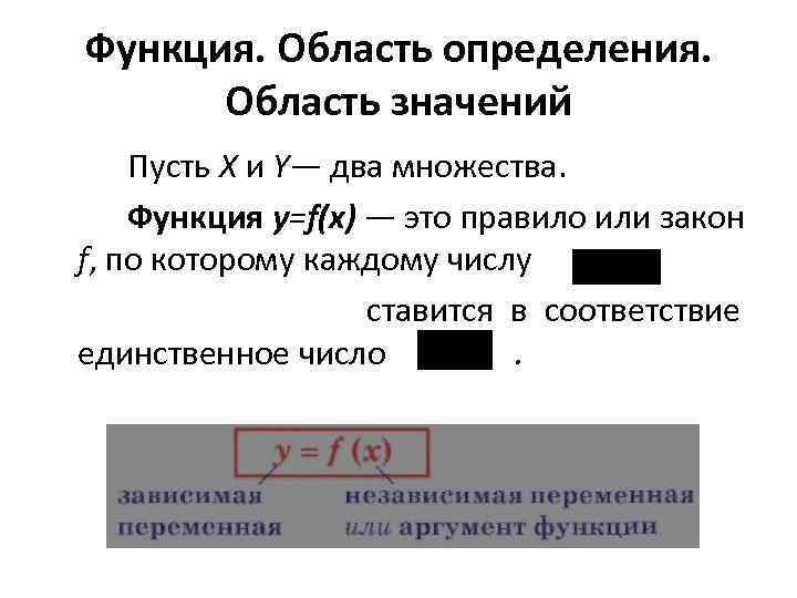 Функция. Область определения. Область значений Пусть X и Y— два множества. Функция у=f(х) —