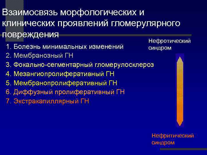 Взаимосвязь морфологических и клинических проявлений гломерулярного повреждения Нефротический синдром 1. Болезнь минимальных изменений 2.