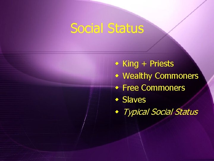 Social Status w w w King + Priests Wealthy Commoners Free Commoners Slaves Typical