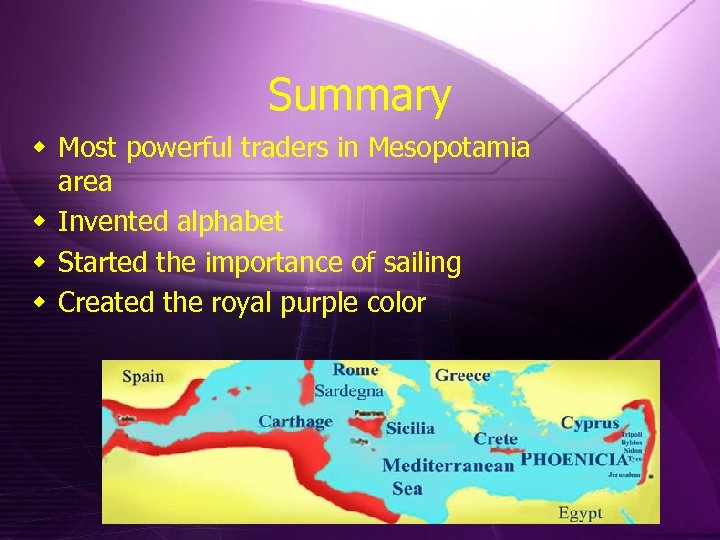 Summary w Most powerful traders in Mesopotamia area w Invented alphabet w Started the