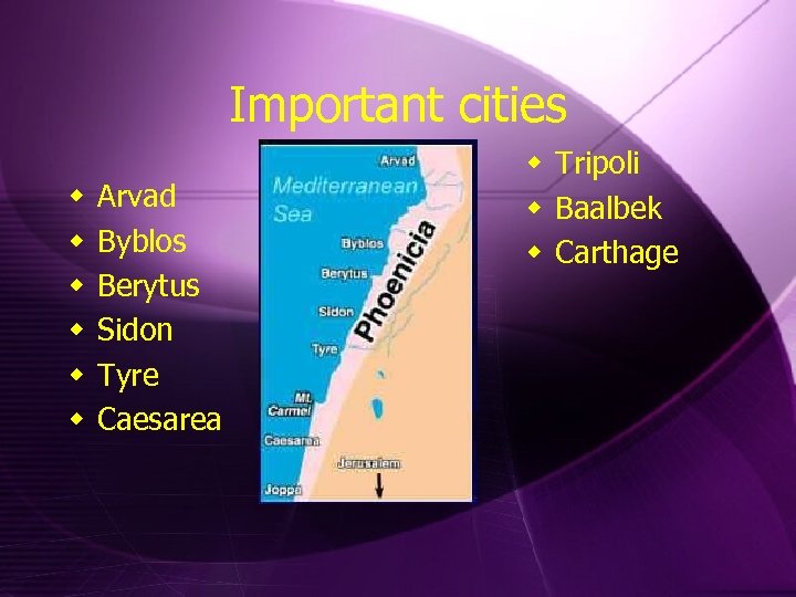 Important cities w w w Arvad Byblos Berytus Sidon Tyre Caesarea w Tripoli w