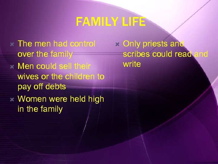 FAMILY LIFE The men had control over the family Men could sell their wives