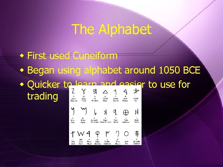 The Alphabet w First used Cuneiform w Began using alphabet around 1050 BCE w