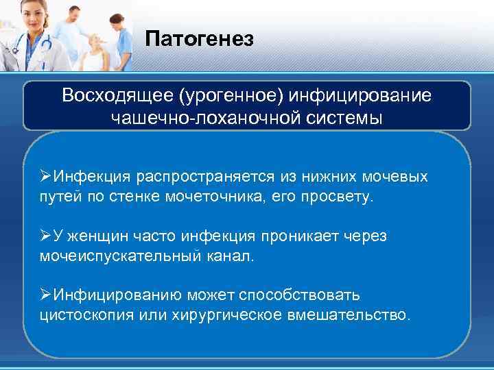 Патогенез Восходящее (урогенное) инфицирование чашечно-лоханочной системы ØИнфекция распространяется из нижних мочевых путей по стенке