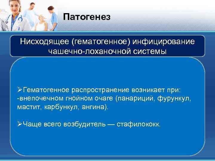Патогенез Нисходящее (гематогенное) инфицирование чашечно-лоханочной системы ØГематогенное распространение возникает при: -внепочечном гнойном очаге (панариций,