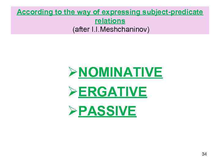 According to the way of expressing subject-predicate relations (after I. I. Meshchaninov) ØNOMINATIVE ØERGATIVE