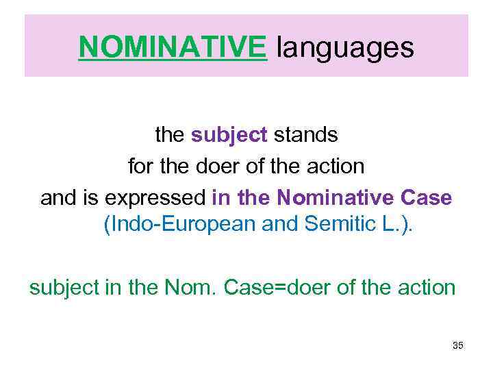 NOMINATIVE languages the subject stands for the doer of the action and is expressed