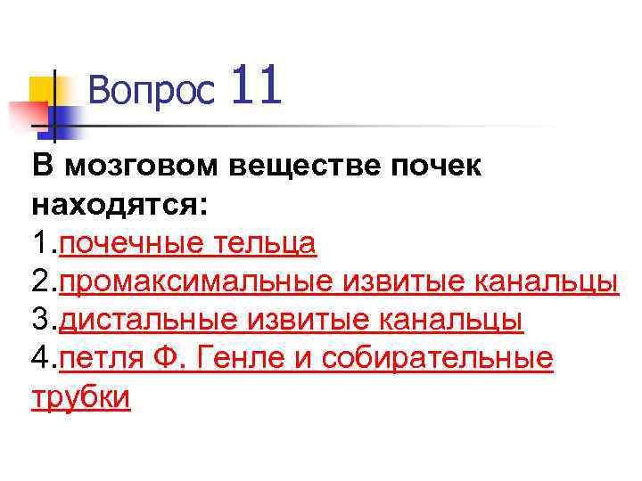 Вопрос 11 В мозговом веществе почек находятся: 1. почечные тельца 2. промаксимальные извитые канальцы