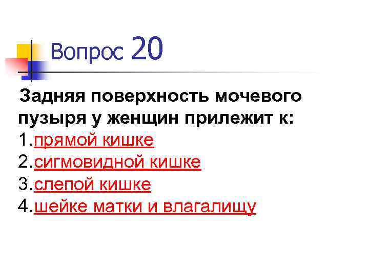 Вопрос 20 Задняя поверхность мочевого пузыря у женщин прилежит к: 1. прямой кишке 2.