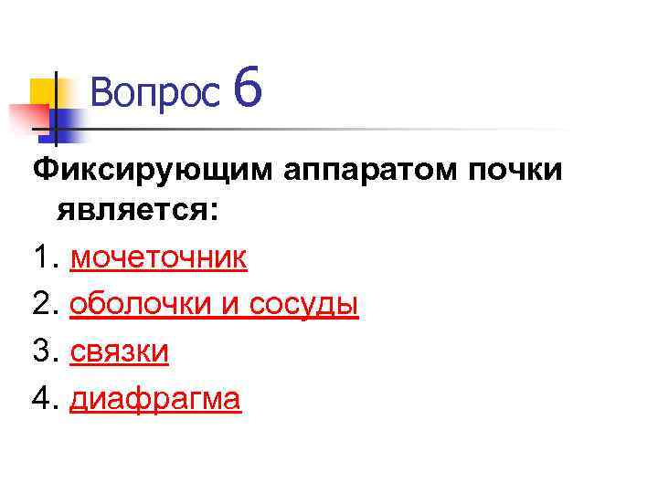 Вопрос 6 Фиксирующим аппаратом почки является: 1. мочеточник 2. оболочки и сосуды 3. связки