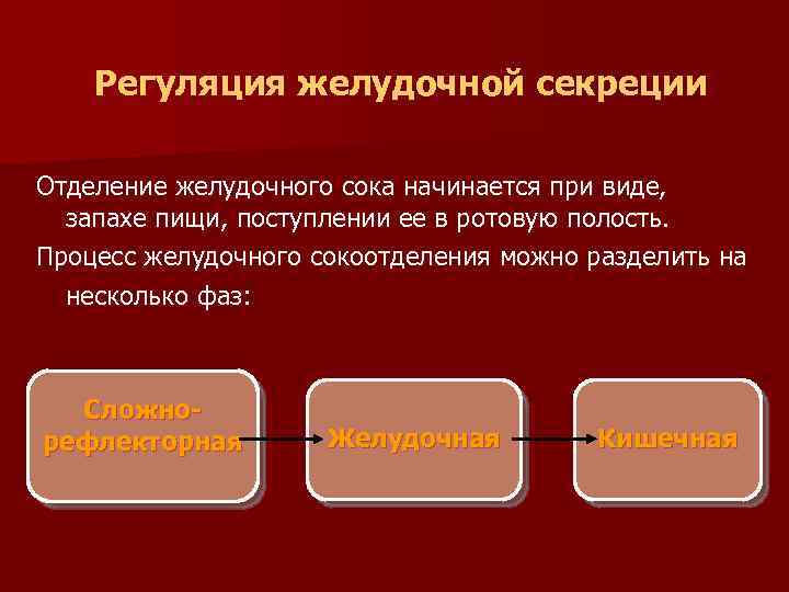 Регуляция желудочной секреции Отделение желудочного сока начинается при виде, запахе пищи, поступлении ее в
