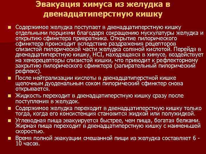 Эвакуация химуса из желудка в двенадцатиперстную кишку n n n Содержимое желудка поступает в