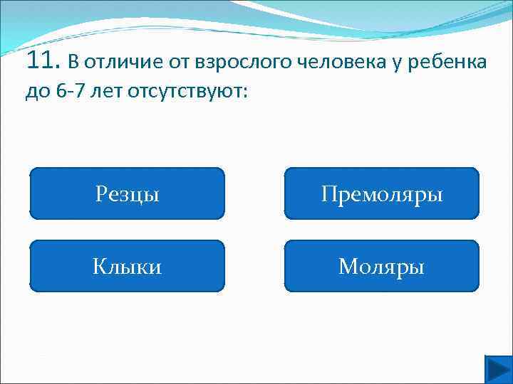 11. В отличие от взрослого человека у ребенка до 6 -7 лет отсутствуют: Резцы