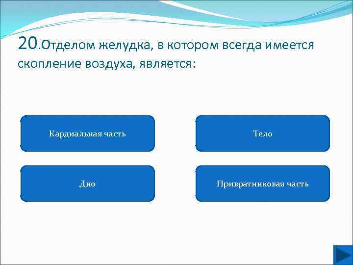 20. Отделом желудка, в котором всегда имеется скопление воздуха, является: Кардиальная часть Тело Дно