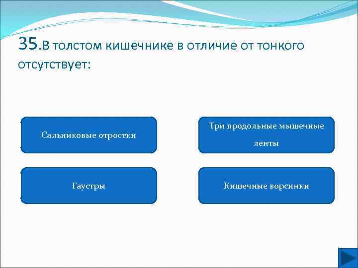 35. В толстом кишечнике в отличие от тонкого отсутствует: Сальниковые отростки Гаустры Три продольные