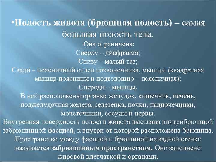  • Полость живота (брюшная полость) – самая большая полость тела. Она ограничена: Сверху